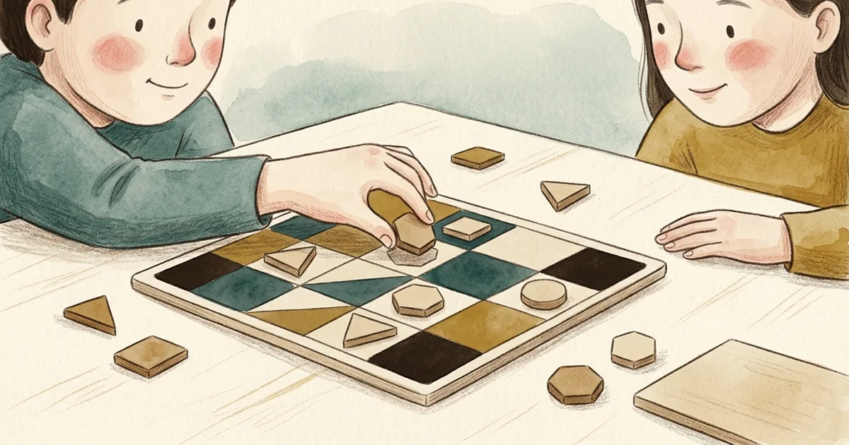 An illustration of two hands placing a piece on a minimal geometric board