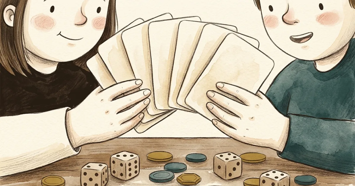 An illustration of hands holding blank cards above dice and tokens