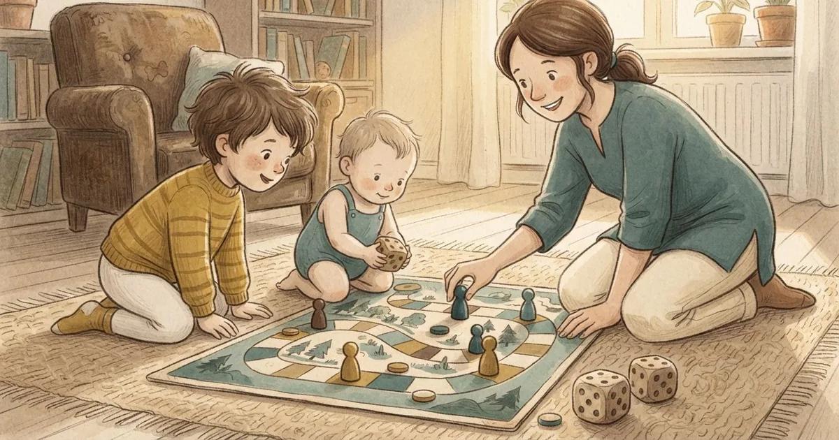 An illustration of two children and a parent playing a board game on a rug