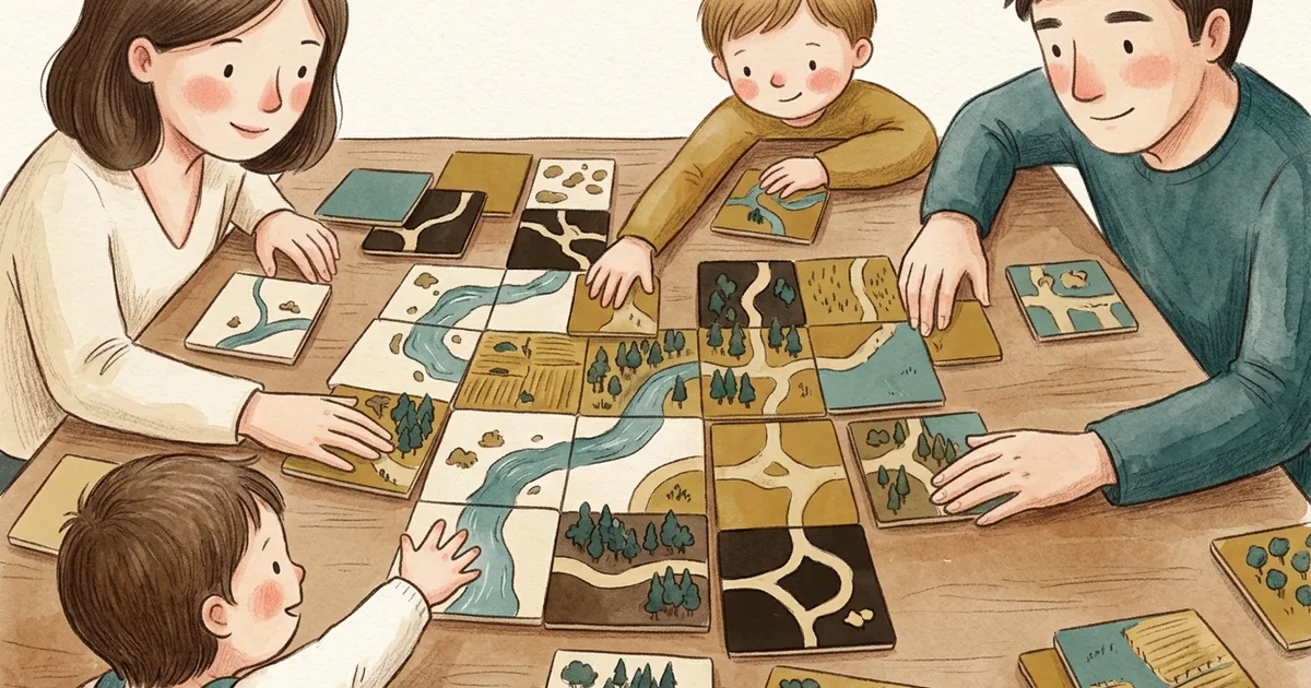 An illustration of a family laying tiles together to build a landscape