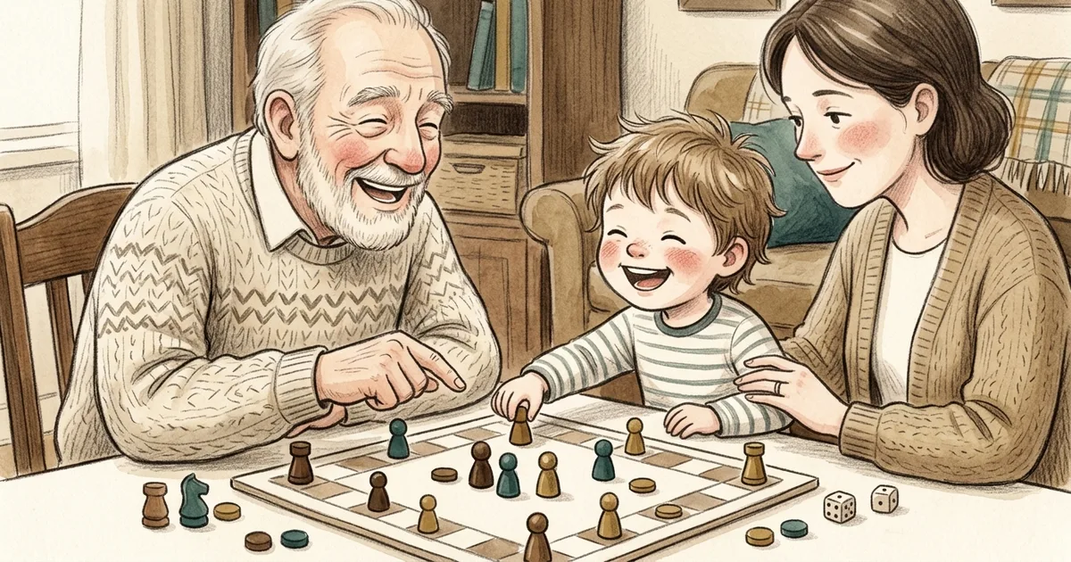 An illustration of three generations playing a board game together