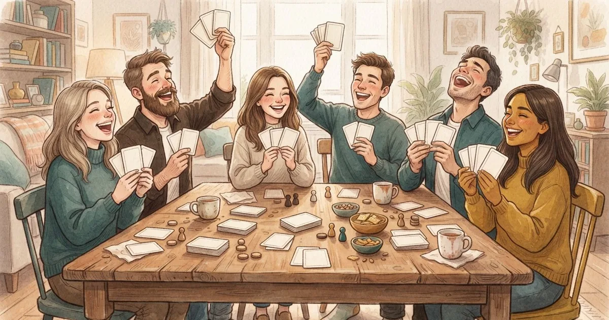 An illustration of six friends laughing around a table during a party game