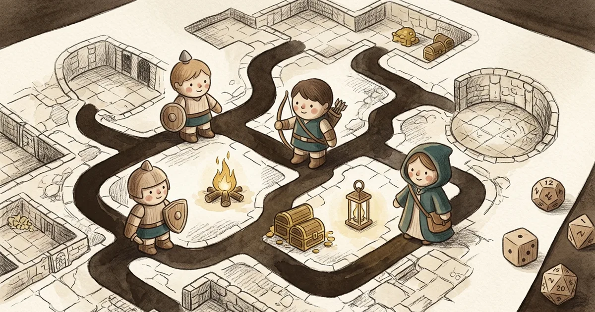 An illustration of a dungeon map and small figures laid out for a thematic game