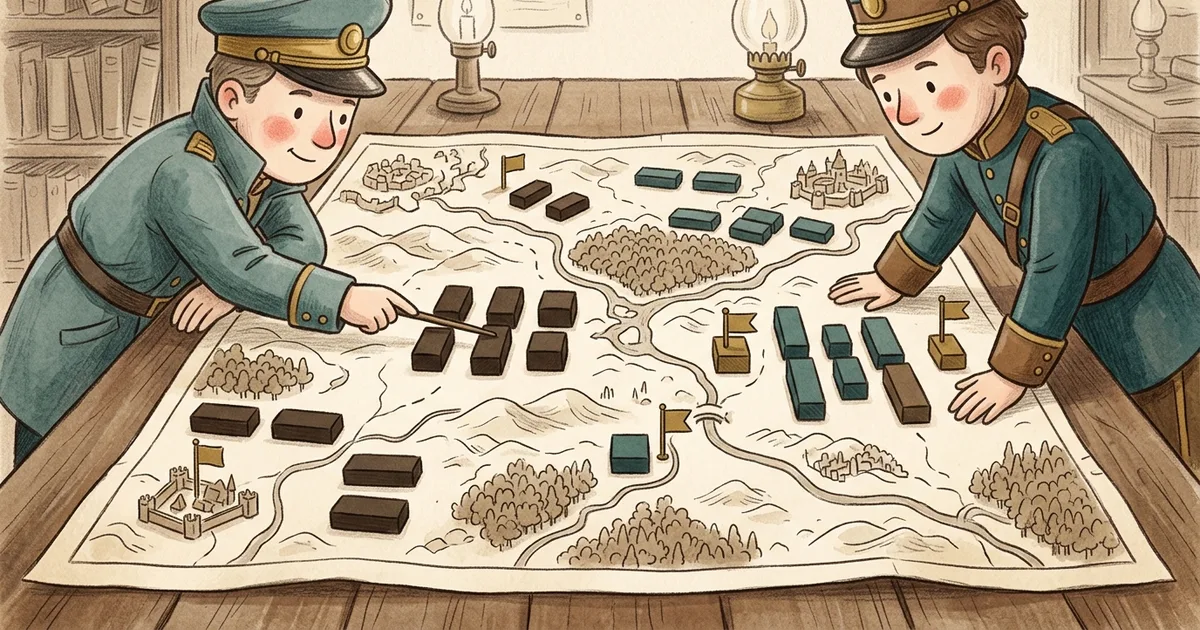 An illustration of two players commanding wooden blocks across a campaign map