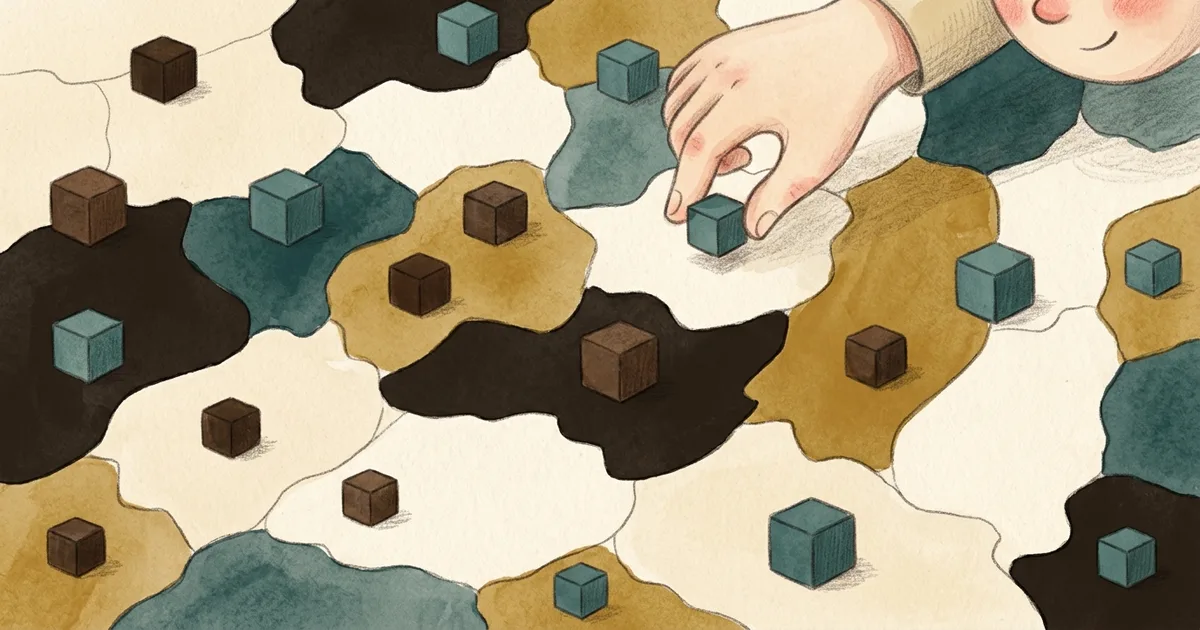 An illustration of wooden cubes claiming regions across a map