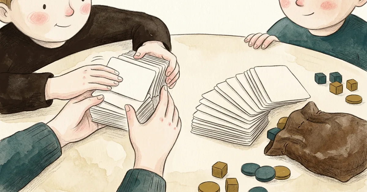 An illustration of hands shuffling a growing deck of blank cards