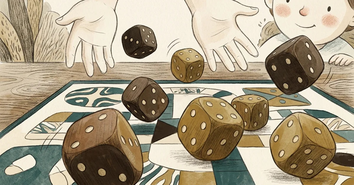An illustration of wooden dice tumbling across a board mid-roll