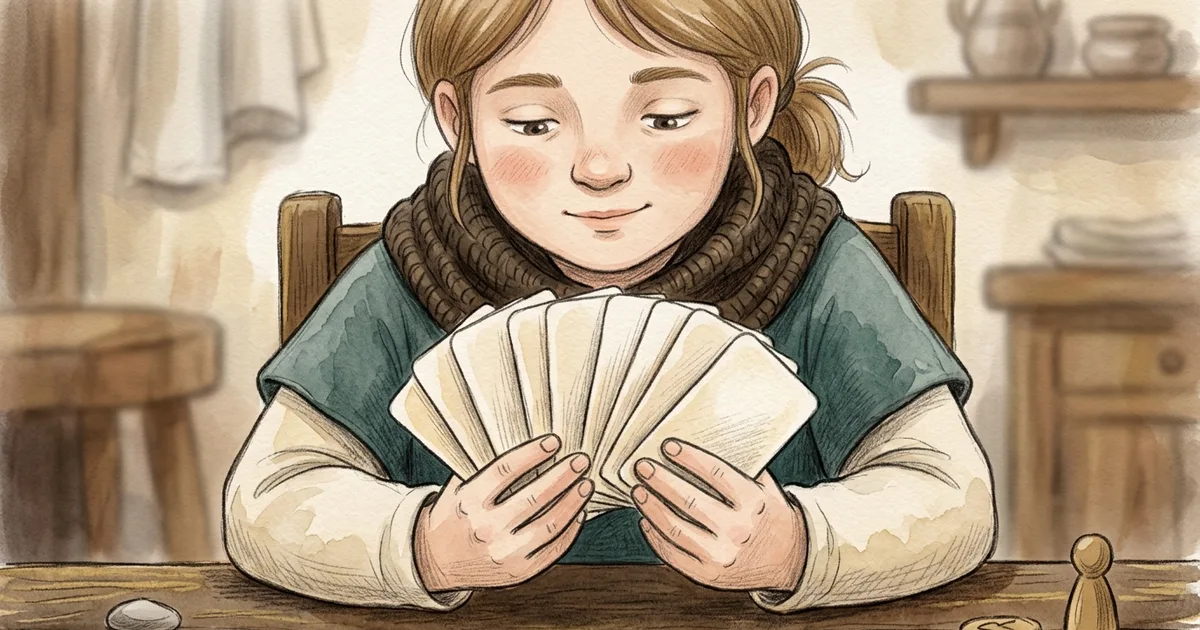An illustration of a player considering a fan of blank cards