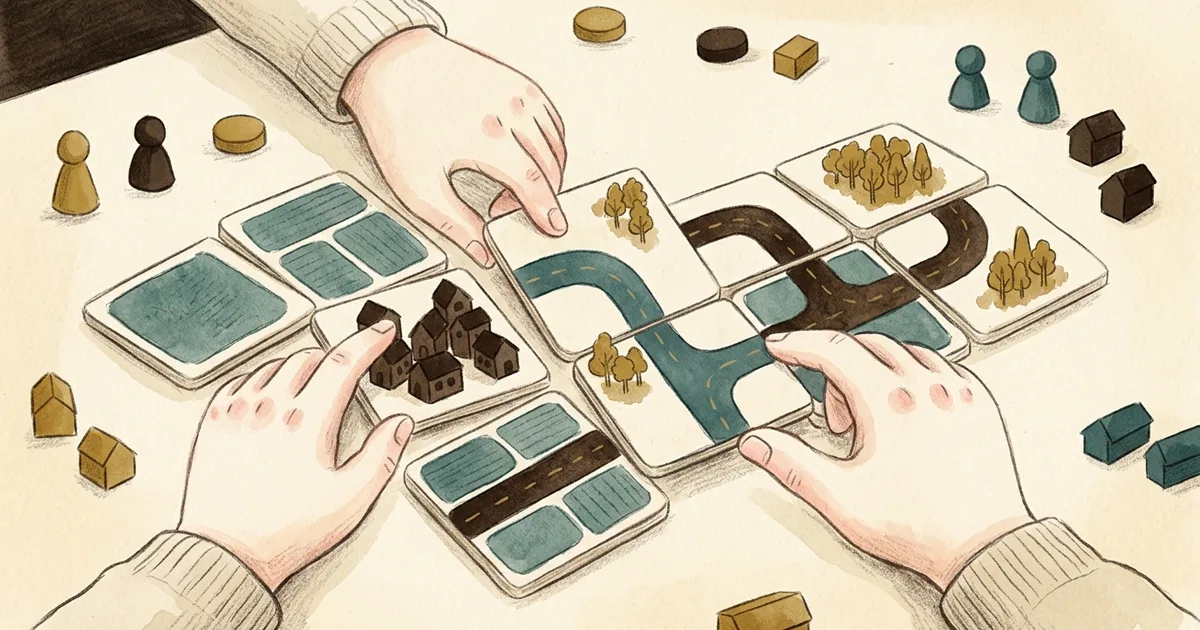 An illustration of hands laying tiles to grow a landscape across a table