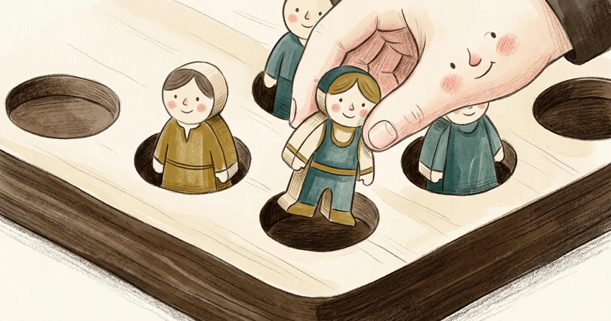 An illustration of wooden worker figures being placed into slots on a board