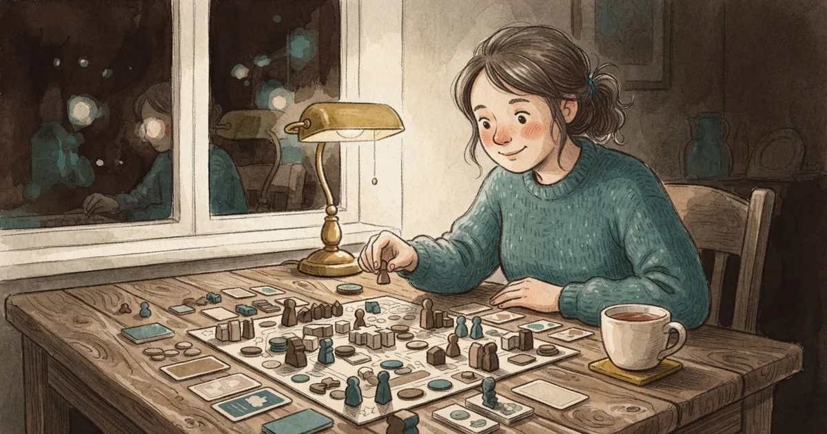 An illustration of one person playing a board game alone at a lamplit table