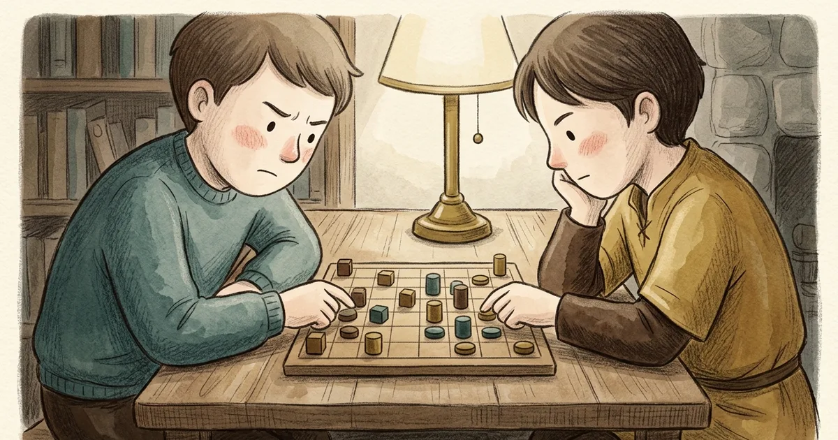An illustration of two players concentrating over a strategy game