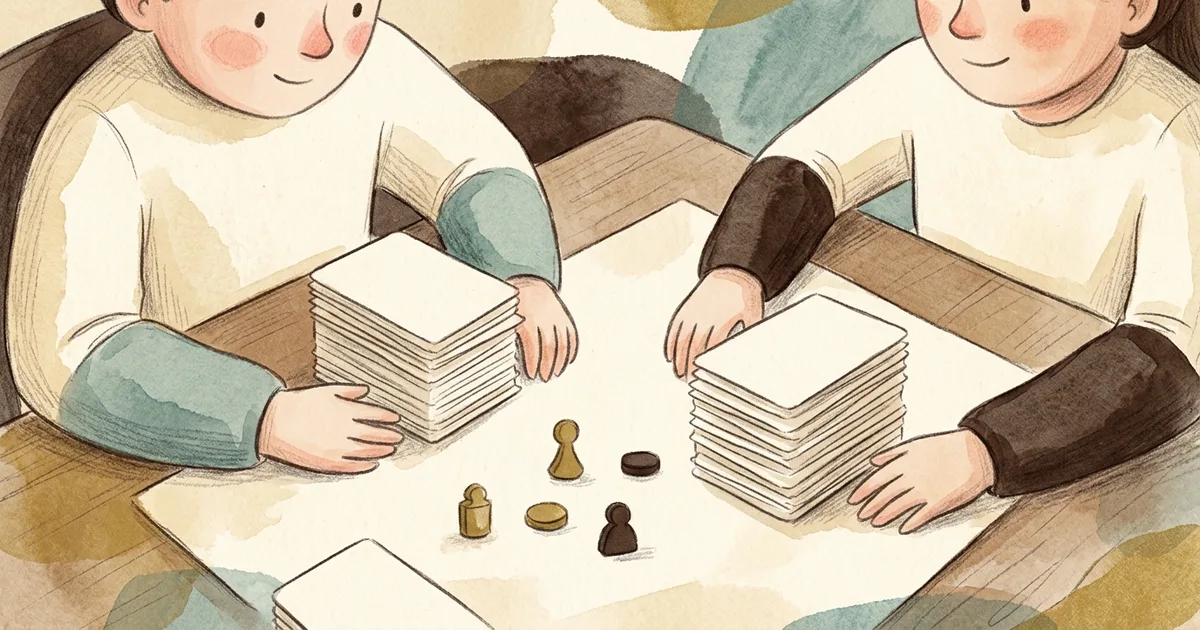 An illustration of two players each building their own deck of cards