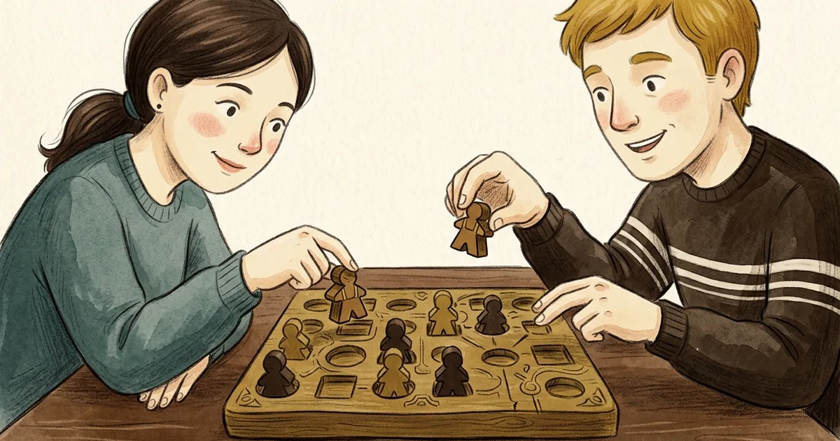 An illustration of two players placing worker figures on a compact board