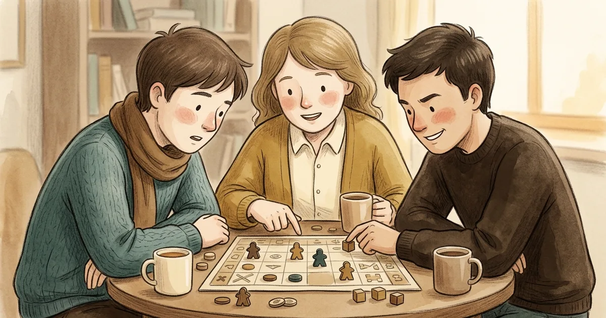 An illustration of three friends playing a board game around a round table
