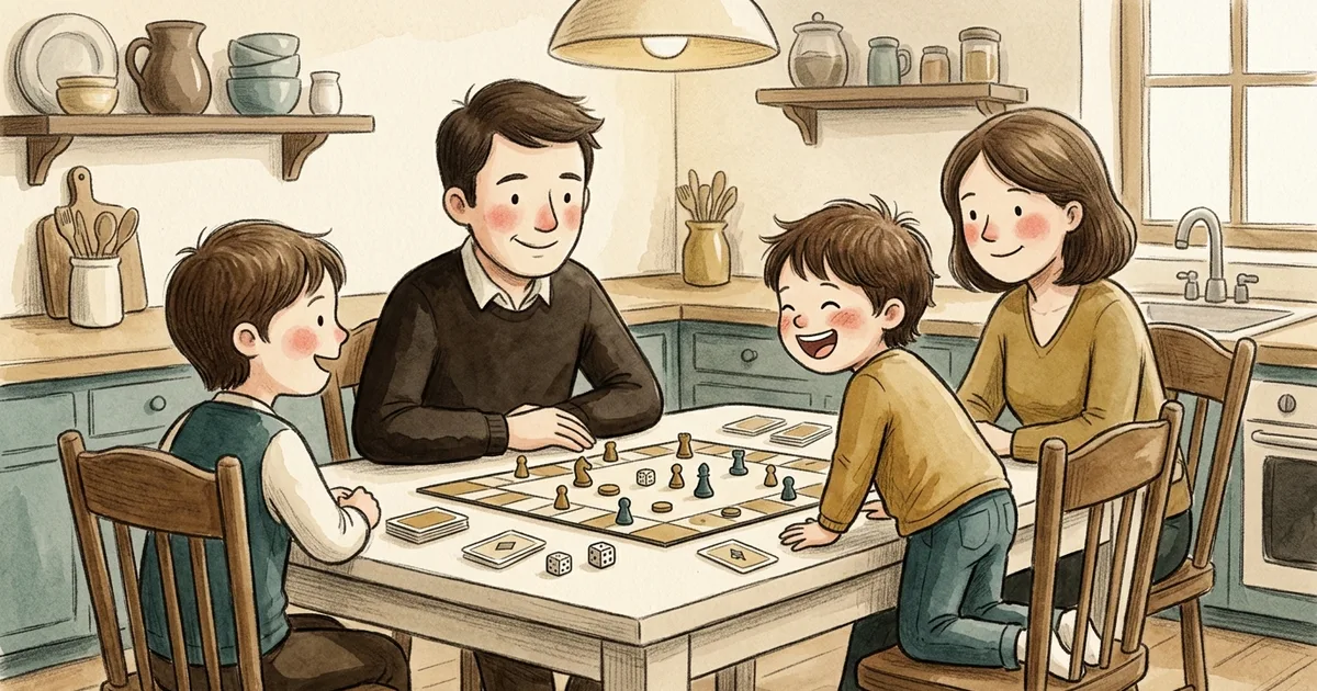 An illustration of a family of four playing a board game at a kitchen table