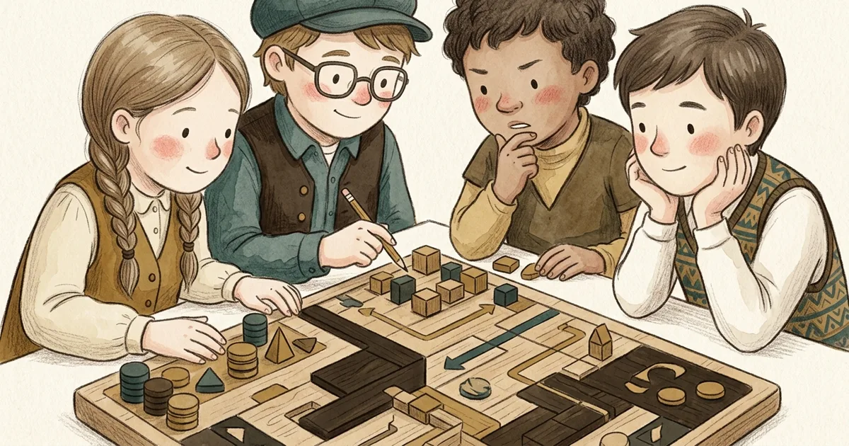 An illustration of four players studying a strategy board together