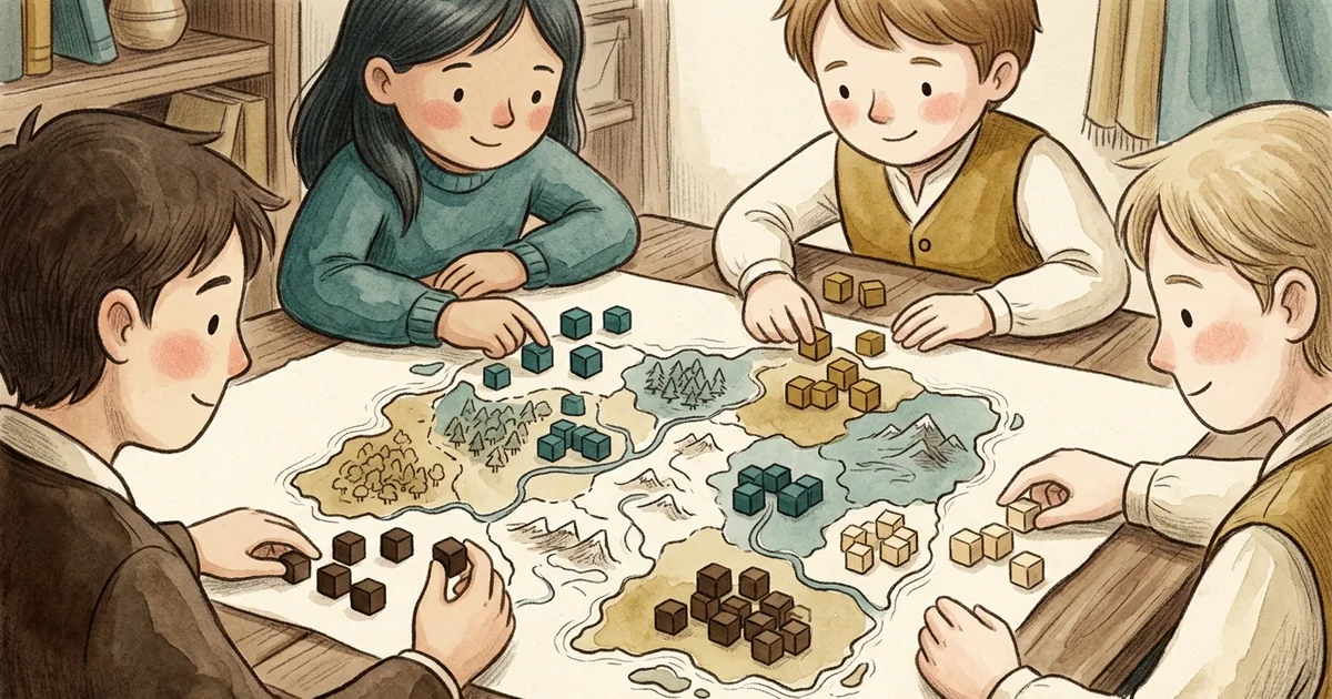 An illustration of four players claiming regions on a shared map