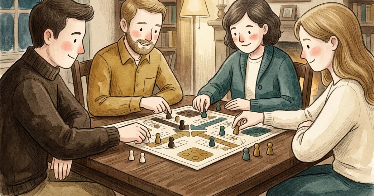 An illustration of four adults playing a board game around a square table