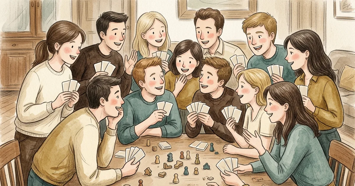 An illustration of a big group standing around a table during a party game