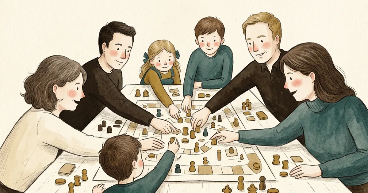 An illustration of seven people crowded around a long table playing one big game