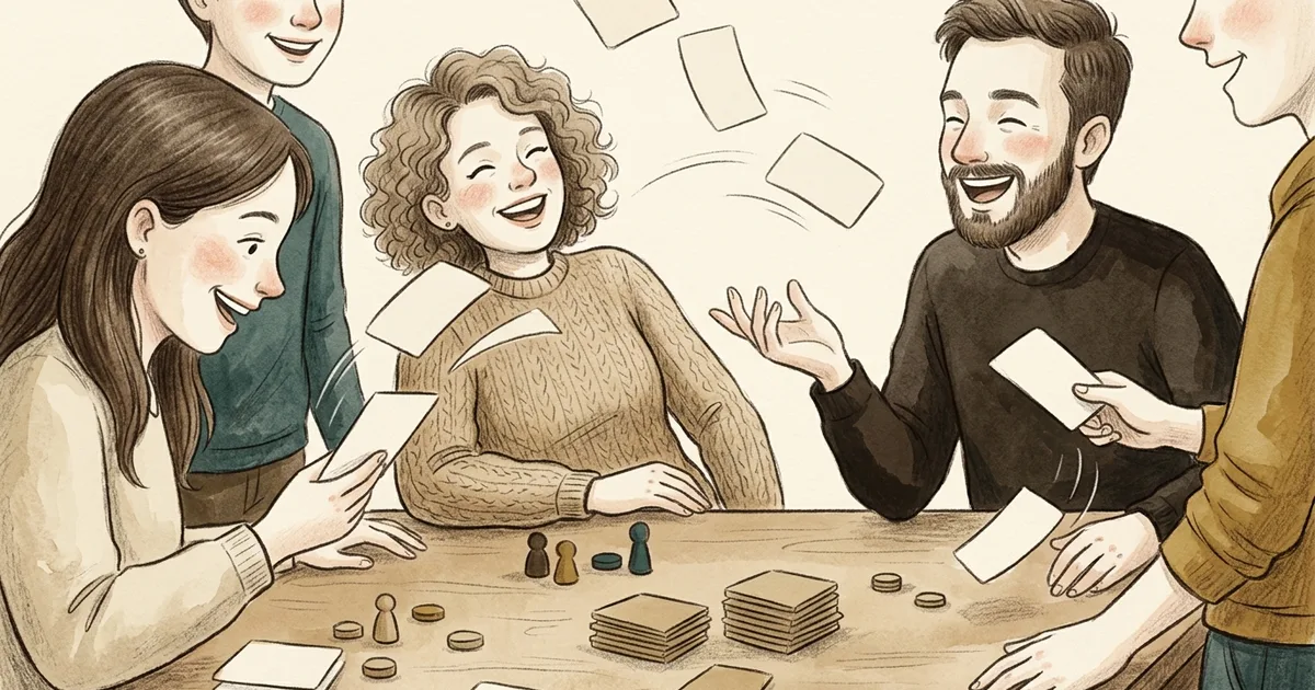 An illustration of people laughing around a table during a quick party game