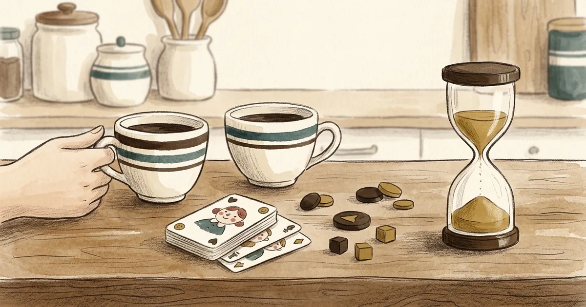 An illustration of a quick card game beside coffee cups with a sand timer