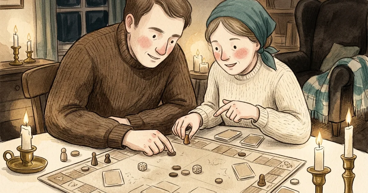 An illustration of players still absorbed in a long game by candlelight