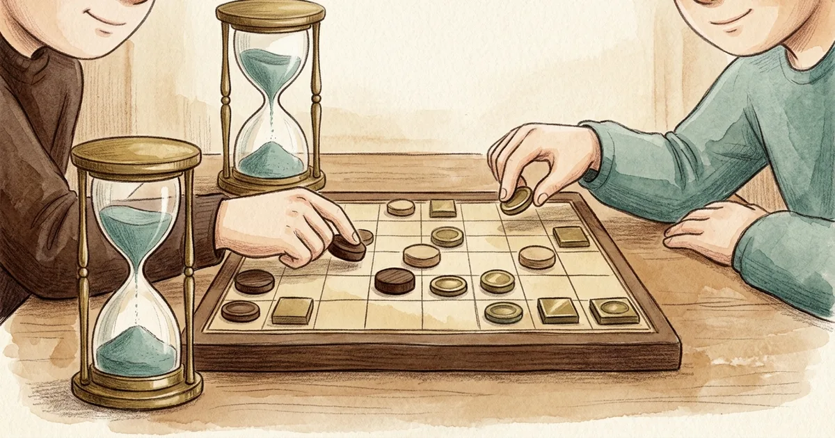 An illustration of an hourglass beside a board game in progress