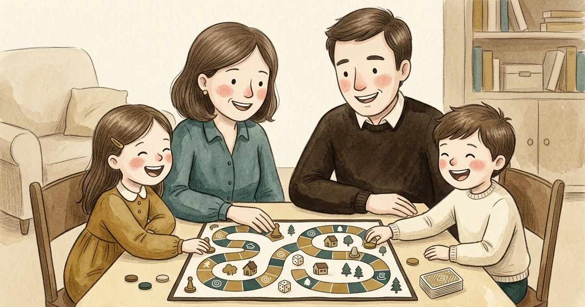 An illustration of a family playing a simple, cheerful board game
