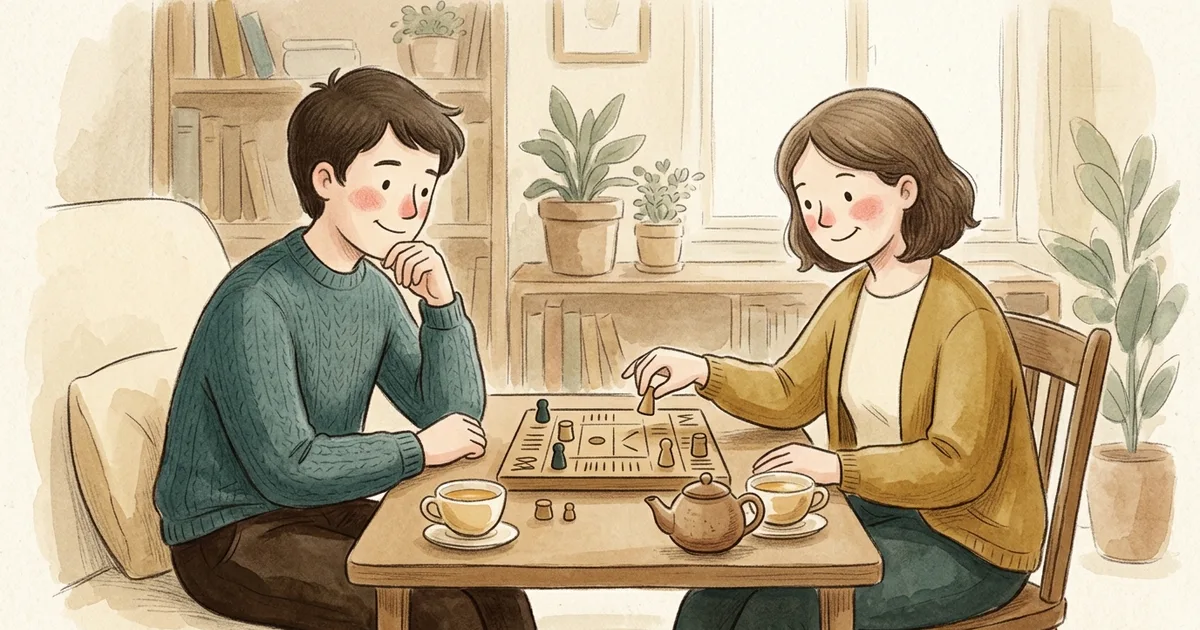 An illustration of two people relaxed over a light strategy game