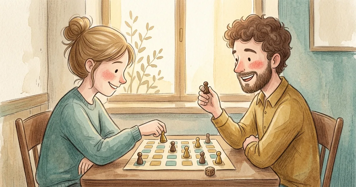 An illustration of two people playing a simple, light board game