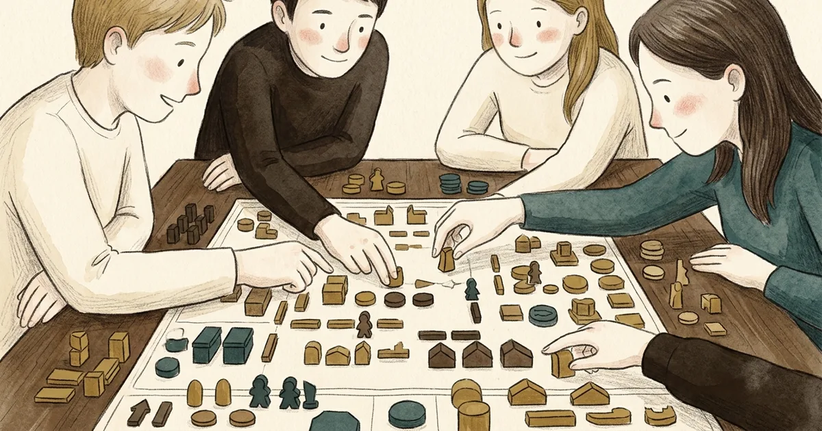 An illustration of four players concentrating over a large strategy board