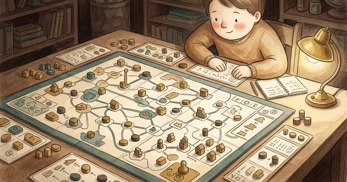 An illustration of a player concentrating over a large, complex board game at night