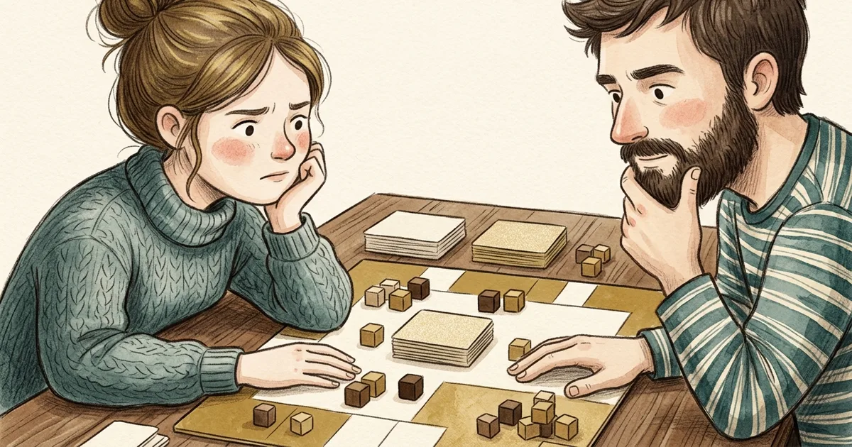 An illustration of two players thinking over a medium-weight board game